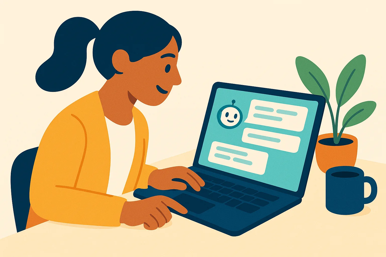 Flat vector illustration of a woman with a dark ponytail in an amber cardigan typing on a laptop whose screen shows a friendly robot avatar beside chat message rows, with a plant and navy mug beside her