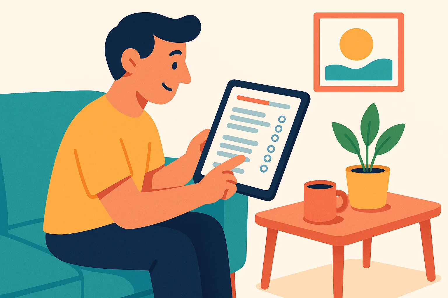 Flat vector illustration of a relaxed man on a teal couch taking a career assessment on a tablet showing a question list with answer choices and a progress bar, a plant and mug on the coffee table beside him