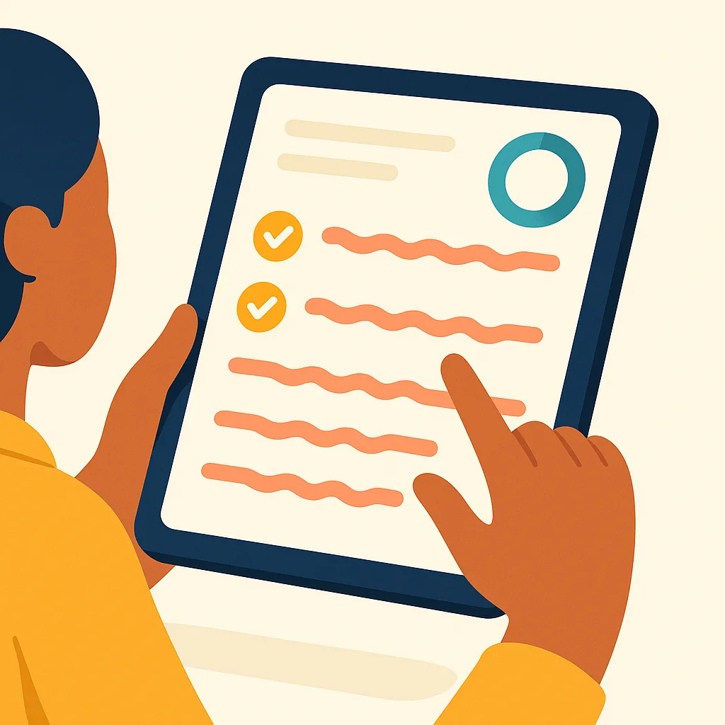 Flat vector illustration of hands holding a tablet over one shoulder, its screen showing squiggle-bar questions with two amber checkmarks and a teal progress ring in the corner