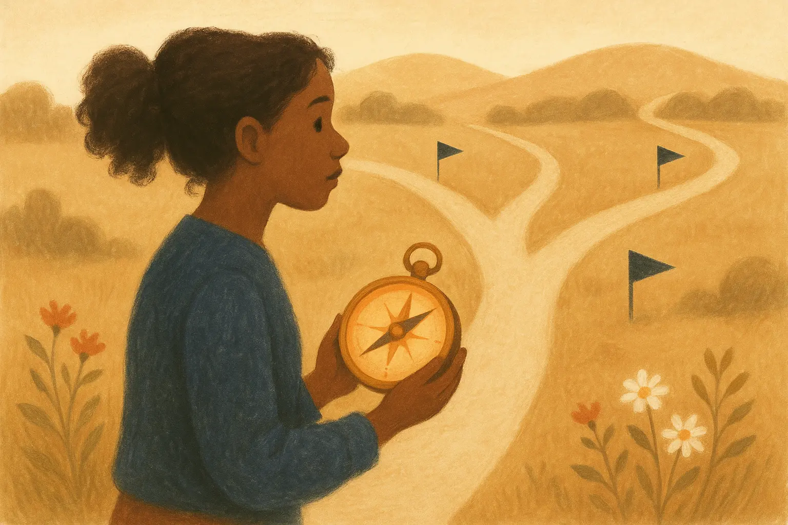 Painterly illustration of a young woman holding a glowing brass compass where a countryside path splits into three flag-marked trails toward rolling hills
