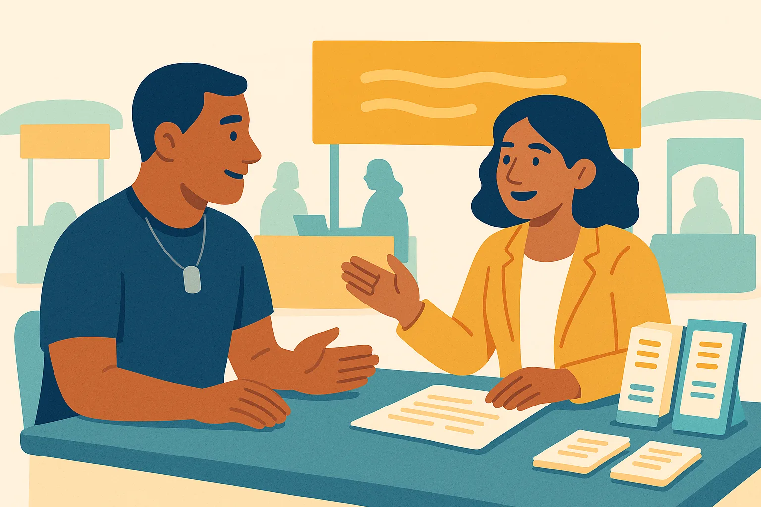 Flat vector illustration of a veteran with a dog tag talking with a recruiter across a career-fair booth table stacked with brochures, under an amber booth banner