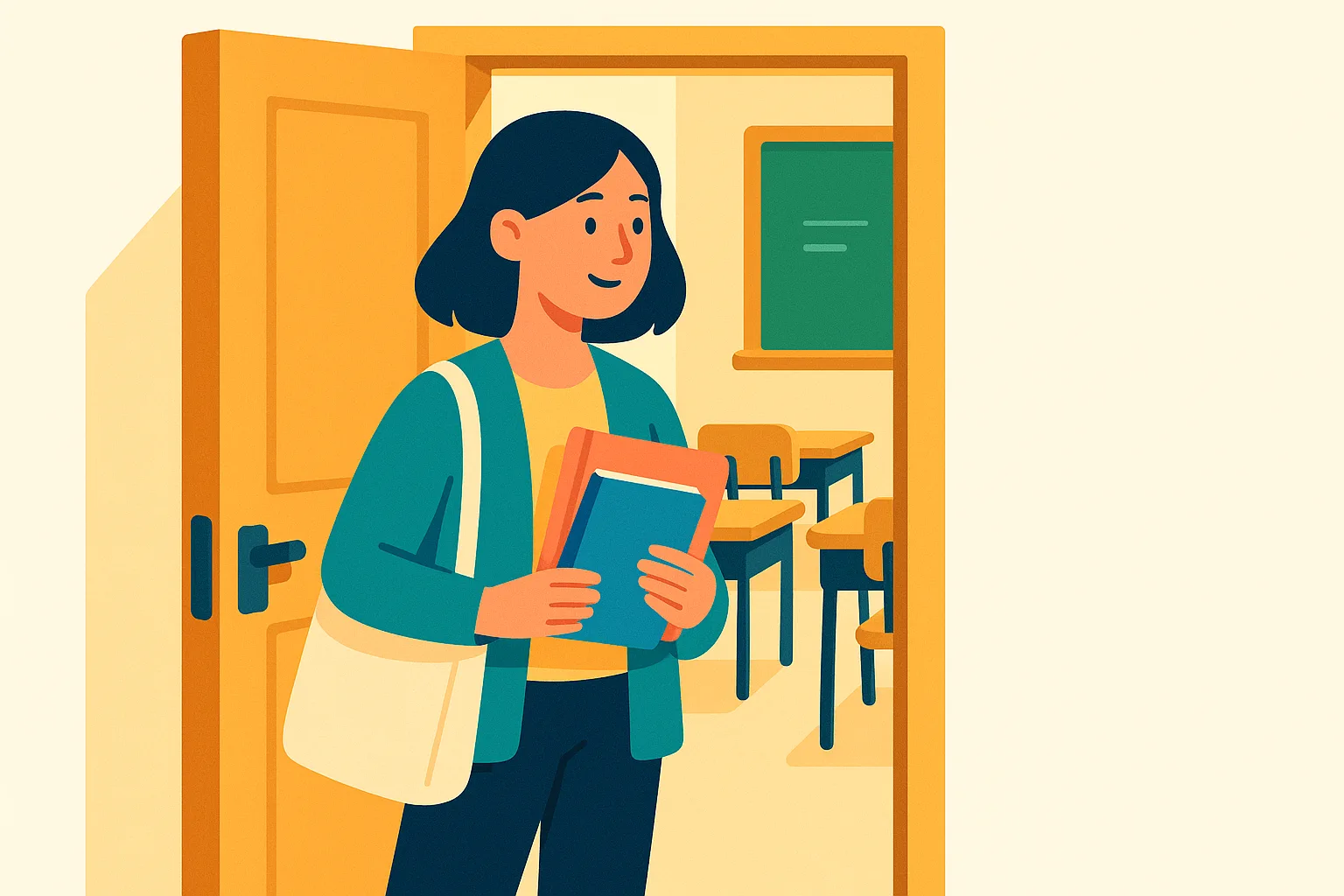 Flat vector illustration of a young woman in a teal cardigan holding notebooks and a tote bag at the open door of a sunlit classroom with desks and a green chalkboard