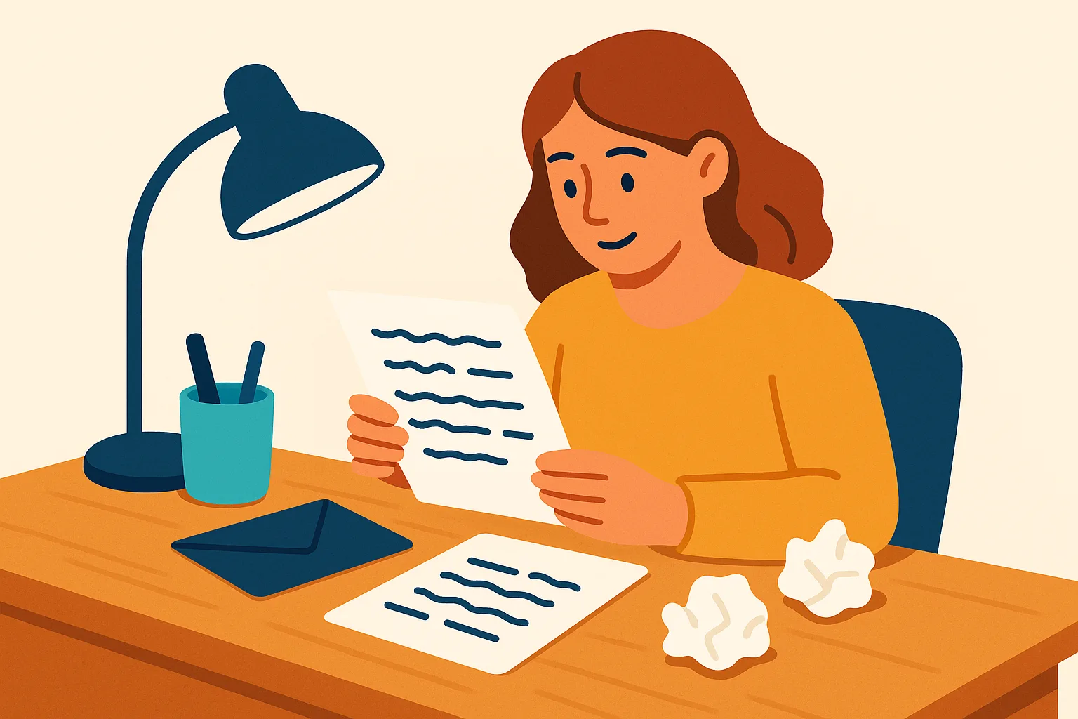 Flat vector illustration of a woman with auburn hair at a wooden desk reading a handwritten letter of abstract squiggle lines, with an envelope, a teal pen cup, two crumpled drafts, and a switched-off desk lamp in bright daylight