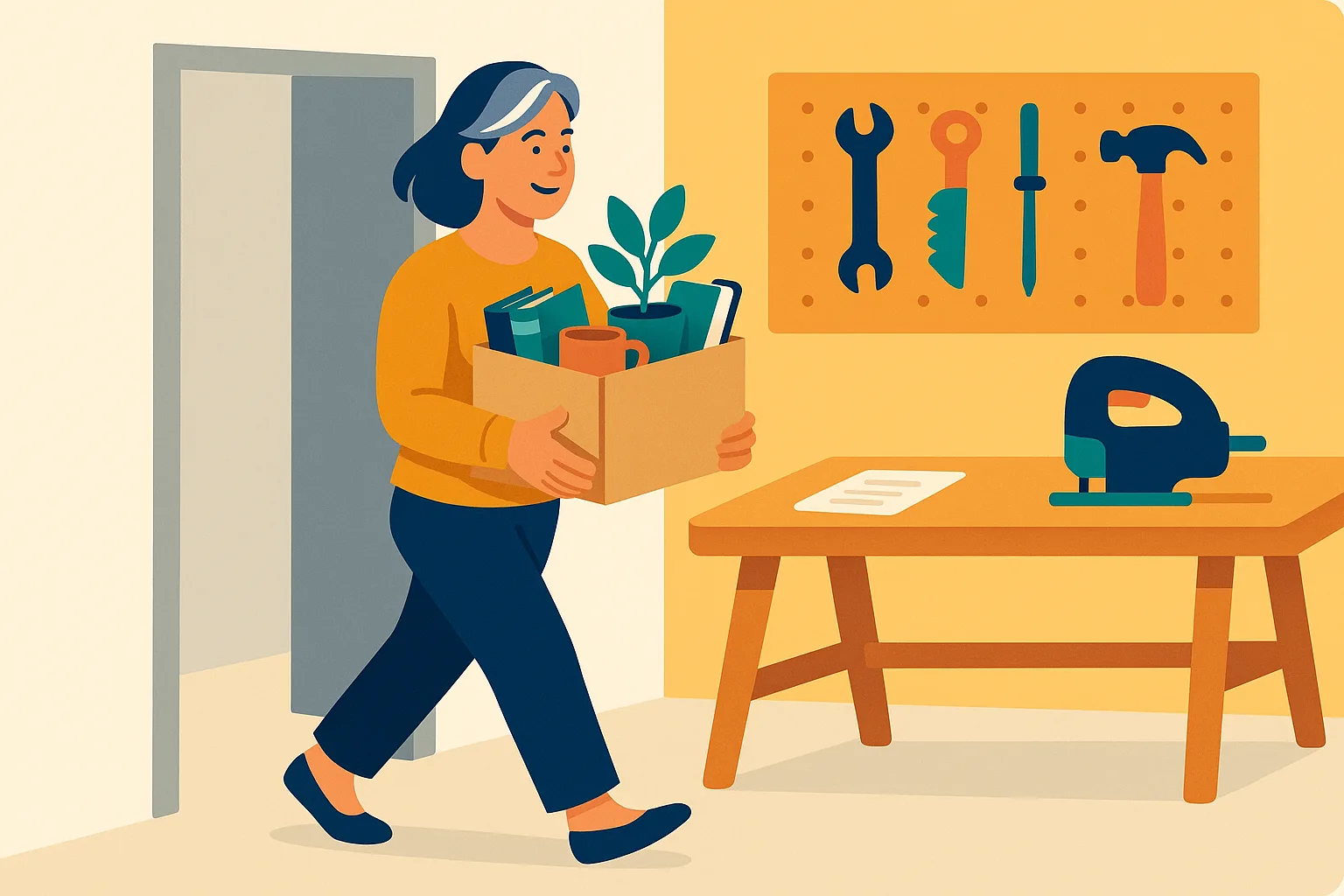 Flat vector illustration of a woman with silver-streaked dark hair carrying a cardboard box of books, a mug, and a plant from a gray office doorway into a warm workshop with tools on a pegboard and a workbench