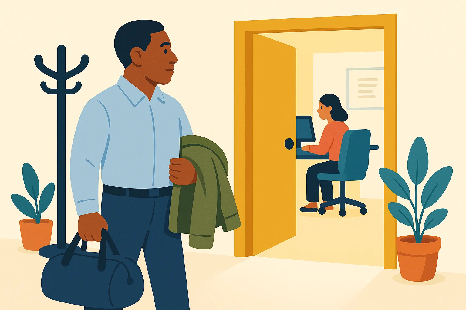 Flat vector illustration of a man in a light-blue shirt carrying a navy duffel and a folded olive jacket, pausing at a bright doorway into an office where a coworker sits at a desk