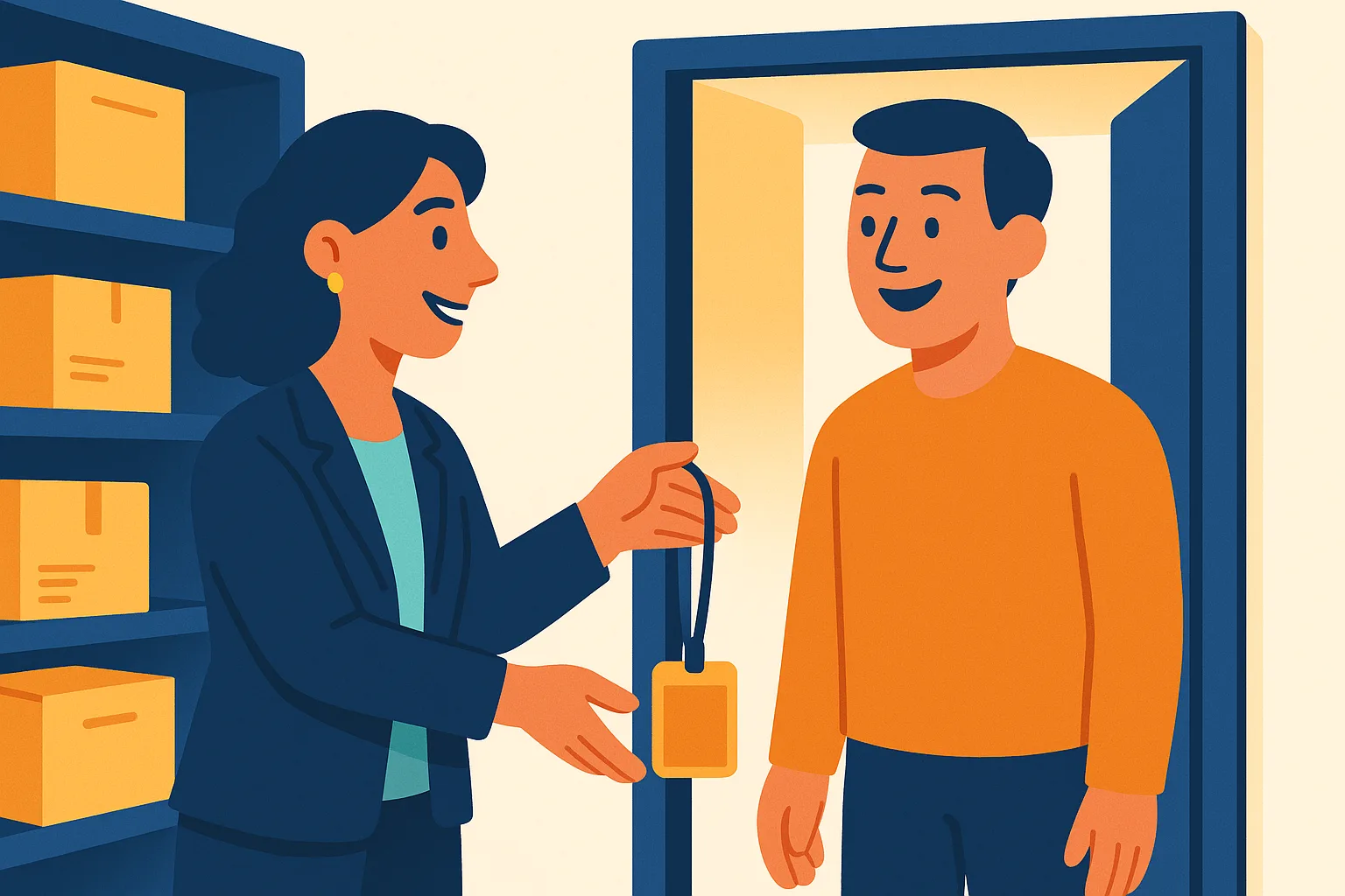 Flat vector illustration of a smiling supervisor in a navy blazer handing an amber work badge on a lanyard to a happy new employee standing in a stockroom doorway beside shelves of plain boxes