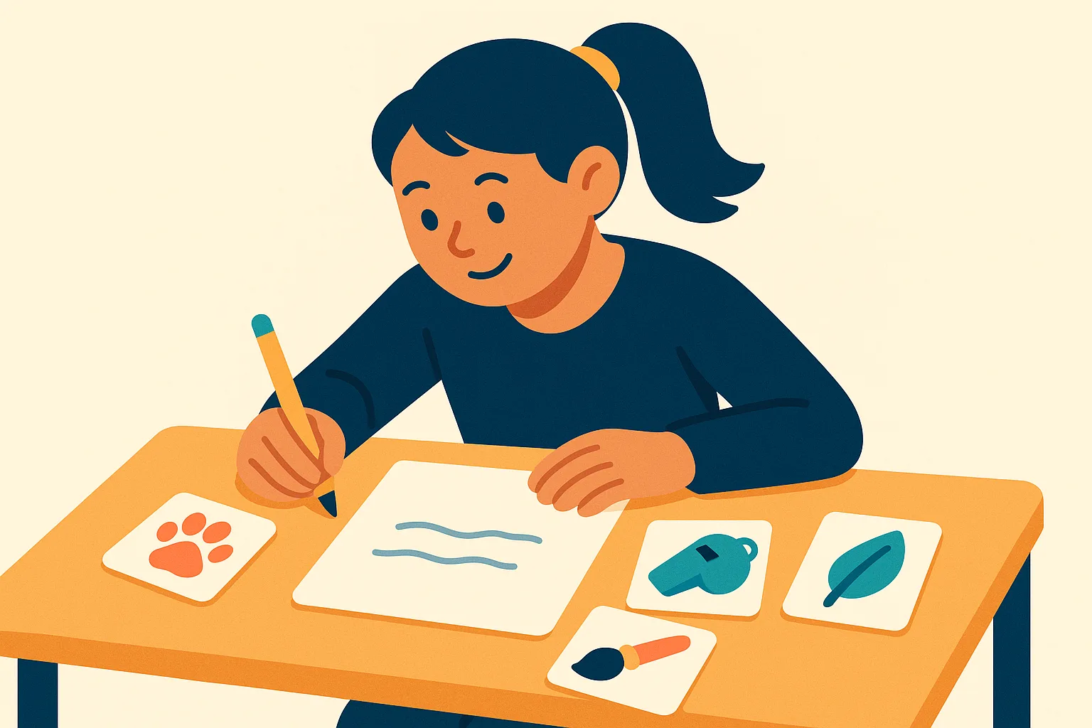 Flat vector illustration of a teenage girl writing her first resume with a pencil, small printed cards showing a paw print, whistle, paintbrush, and leaf lying on the desk around the page