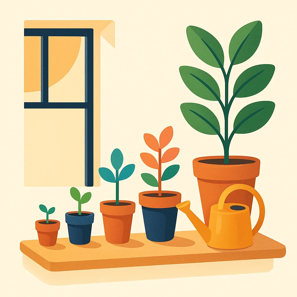 Flat vector illustration of five potted plants arranged from tiny sprout to tall leafy plant on a wooden shelf beside an amber watering can
