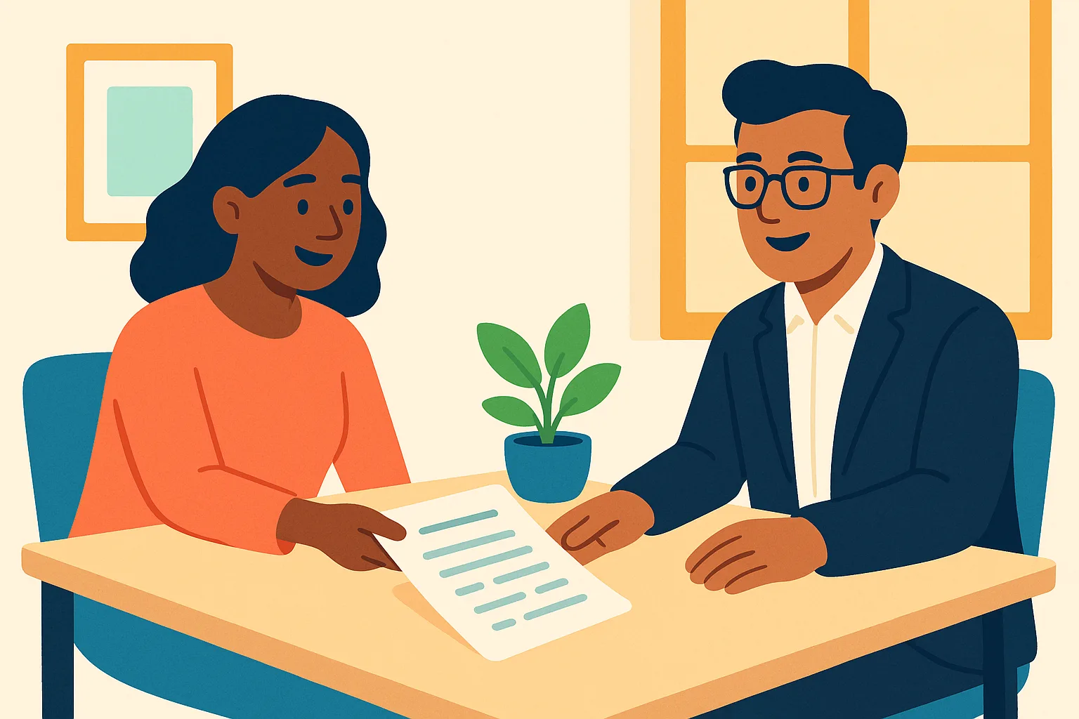 Flat vector illustration of a woman in a coral top sliding a printed application form with abstract text bars across a desk toward a smiling hiring manager in glasses, a potted plant between them in a warm bright office