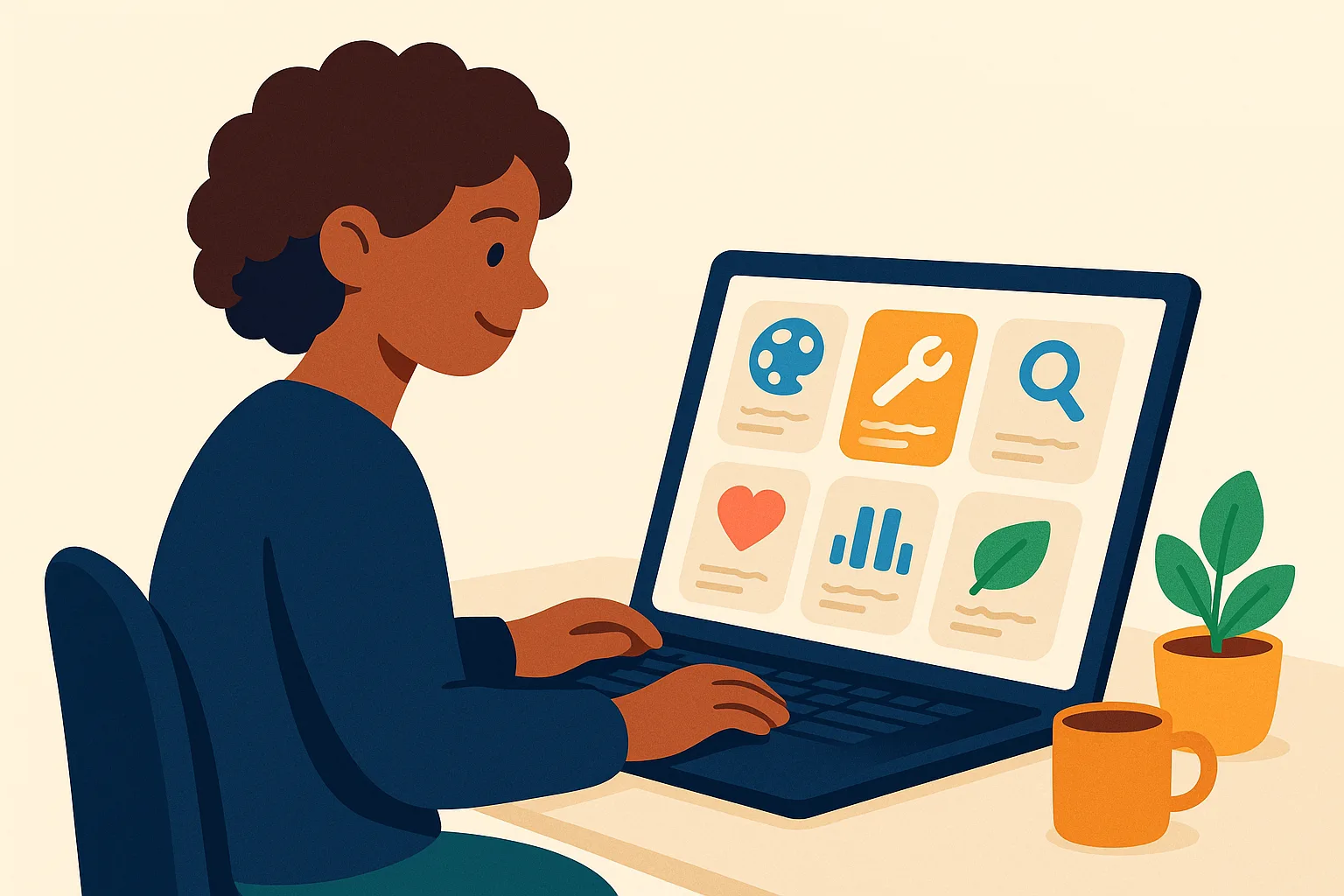 Flat vector illustration of a young woman with curly hair in a navy sweater at a white desk, her laptop screen showing a grid of six career-interest tiles with simple icons, one highlighted in amber