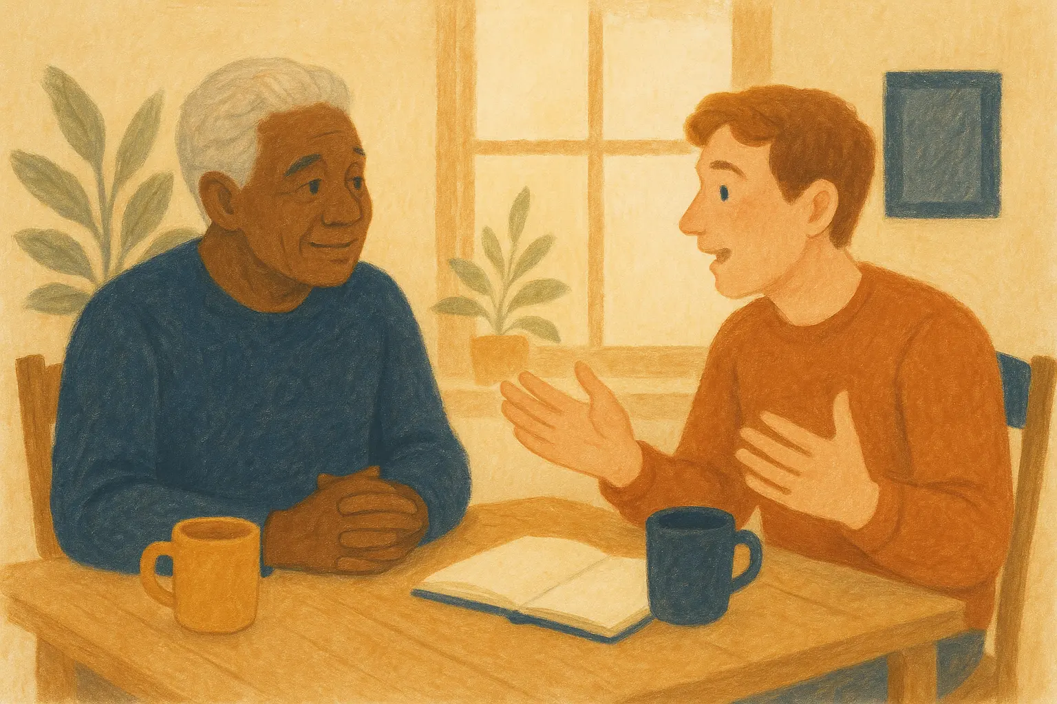 Painterly illustration of a young man talking with a silver-haired mentor over coffee mugs and an open notebook at a sunlit kitchen table