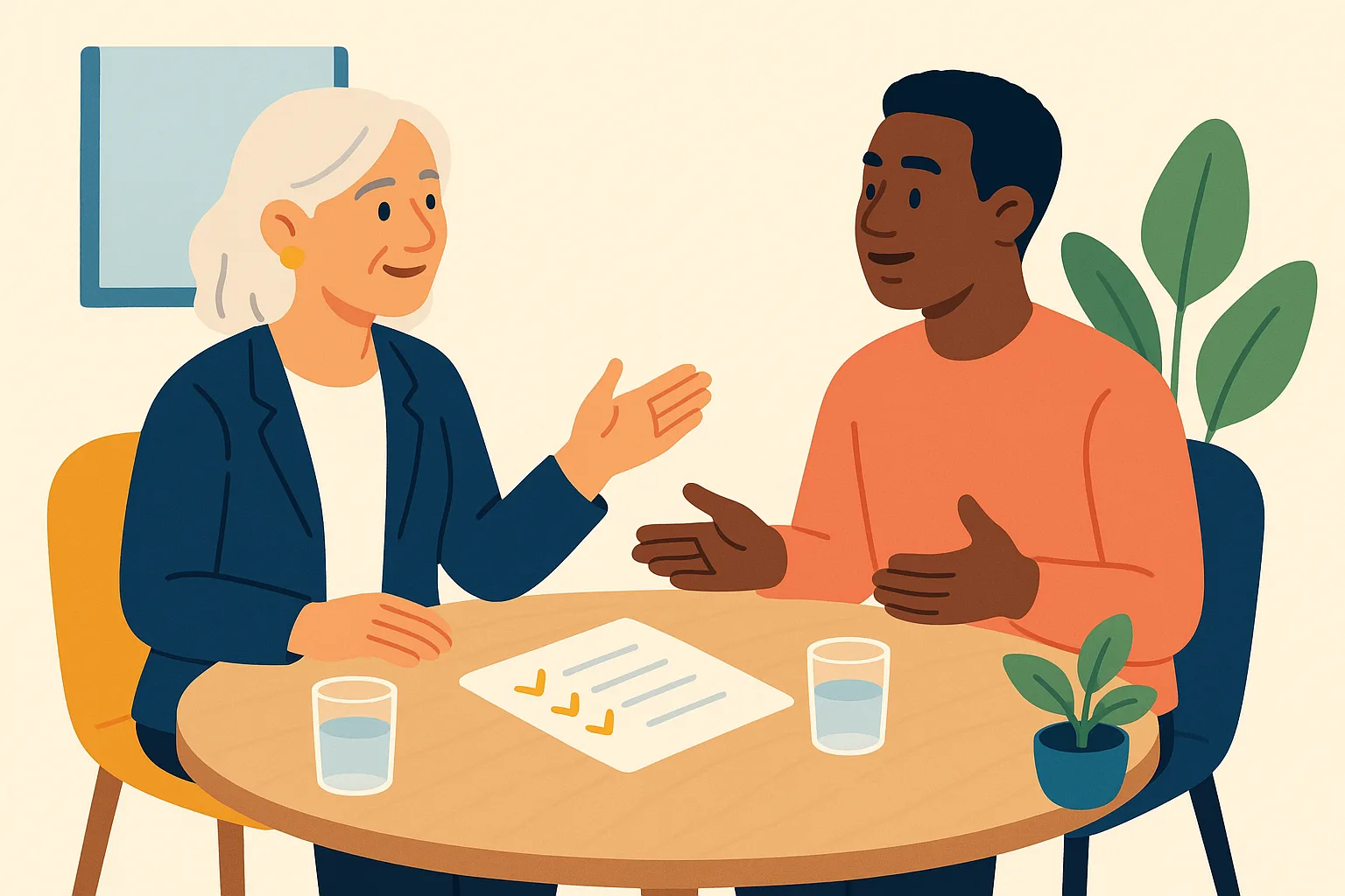 Flat vector illustration of an older woman with silver hair gesturing warmly while practicing interview questions with a young man across a small round table holding a checklist with amber checkmarks, two water glasses, and a small plant