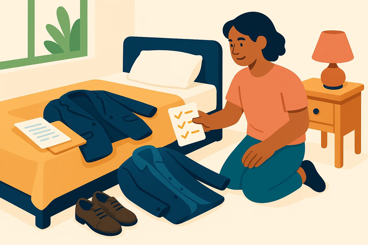 Flat vector illustration of a person kneeling beside a bed holding a small checklist with amber checkmarks while laying out a navy blazer, shirt, shoes, and printed pages for tomorrow's interview