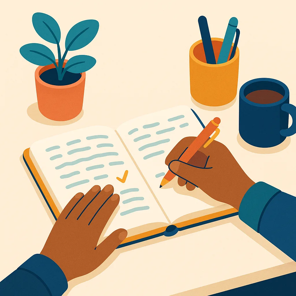 Flat vector illustration of an overhead view of hands writing in an open planner of squiggle lines with one amber checkmark, beside a pen cup, potted plant, and navy coffee mug