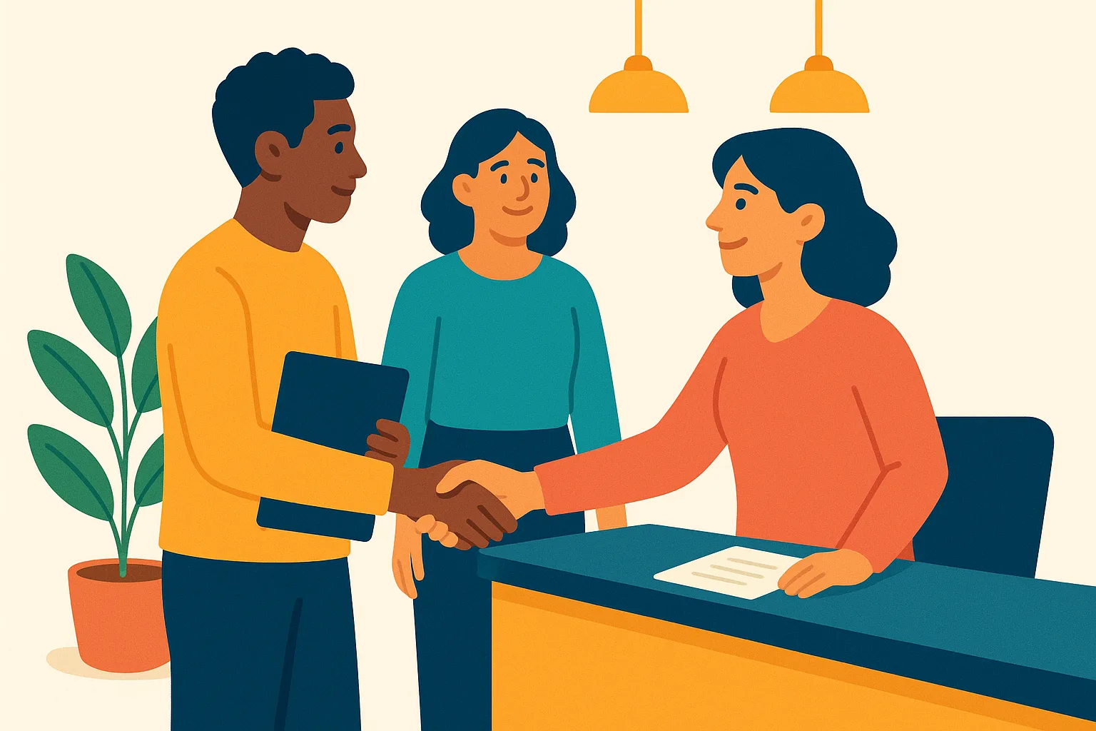 Flat vector illustration of a young man with brown skin holding a navy portfolio shaking hands with a smiling employer across a bright reception desk, a colleague and a leafy plant nearby under warm pendant lights