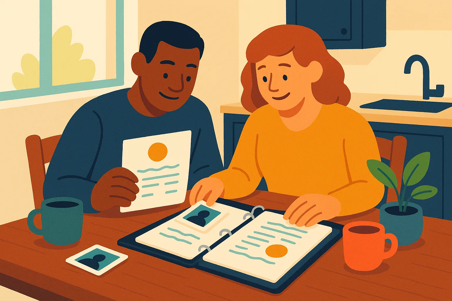 Flat vector illustration of a man and a counselor at a warm kitchen table gathering a certificate and photo cards into an open binder beside coffee mugs and a small plant