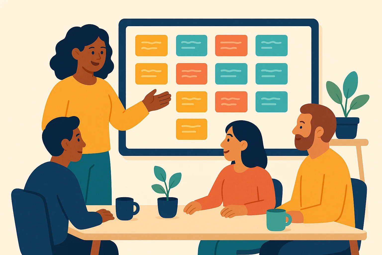Flat vector illustration of a program coordinator gesturing at a wall-mounted planning board of colorful cards while three seated colleagues with mugs and small plants look on