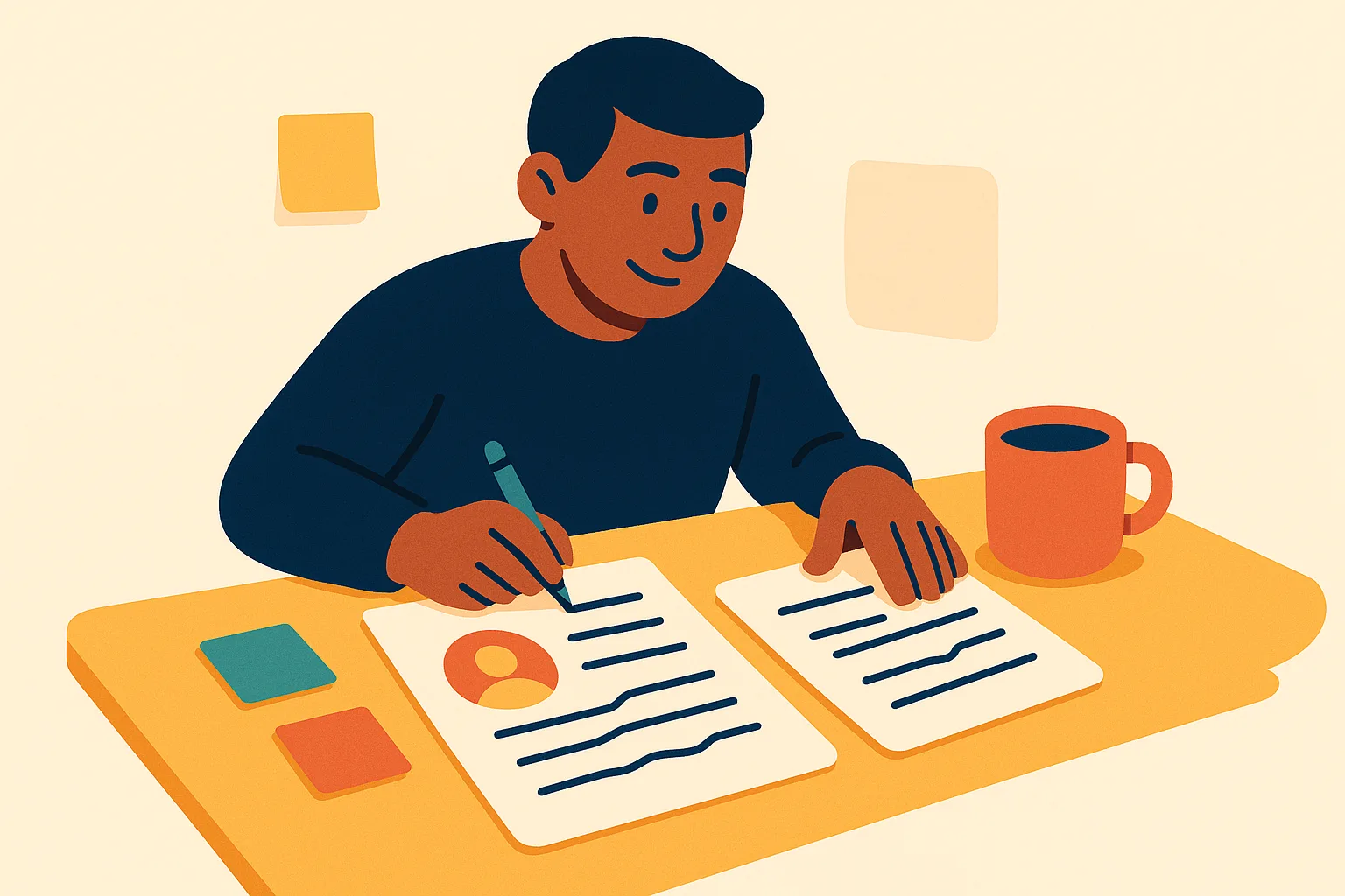 Flat vector illustration of a man writing on printed resume pages at a warm desk with a pen, sticky notes, and an orange coffee mug, no computer in sight