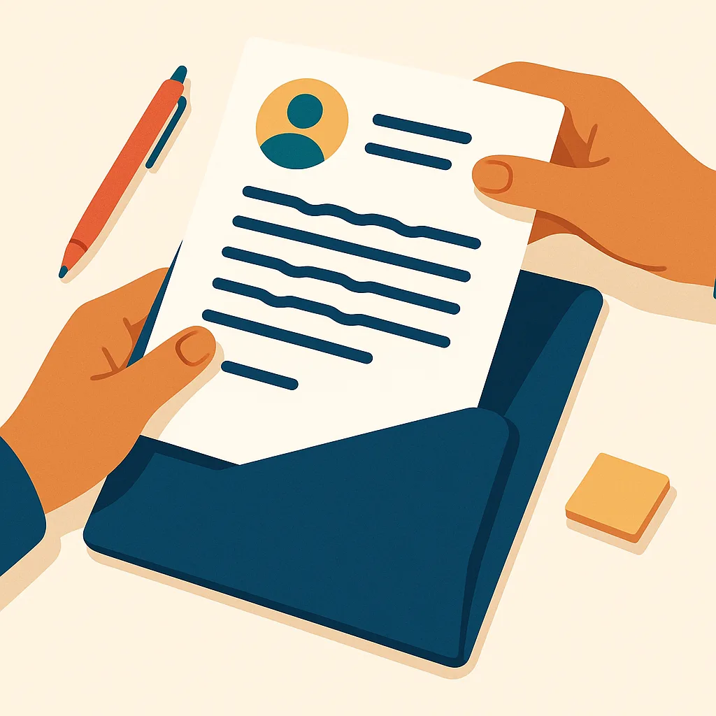 Flat vector illustration of two hands placing a printed resume page into a navy folder on a cream desk, with a red pen and an amber sticky flag nearby