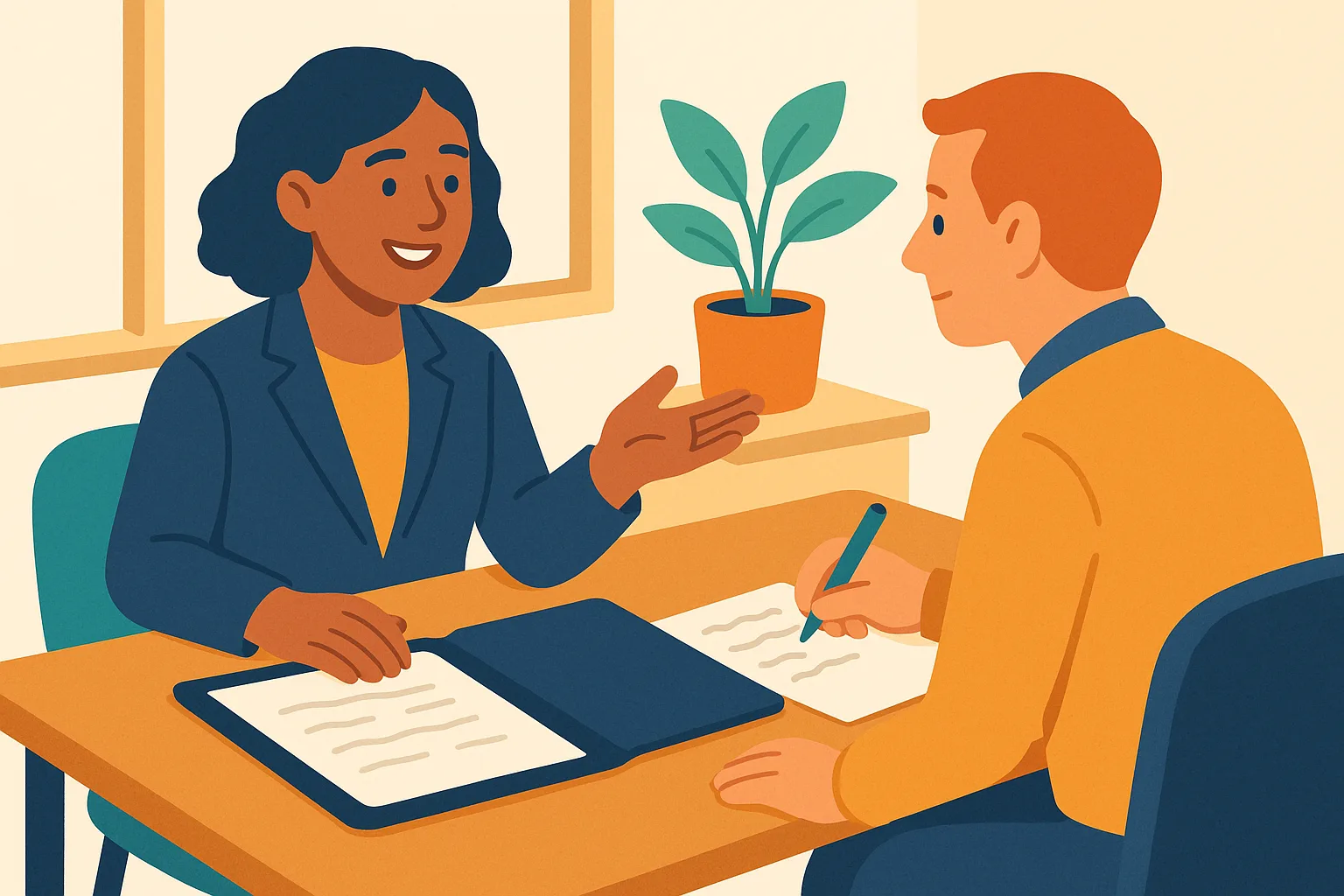 Flat vector illustration of a veteran in a navy blazer gesturing while telling a story across an interview table as the interviewer takes notes, an open portfolio and printed pages between them