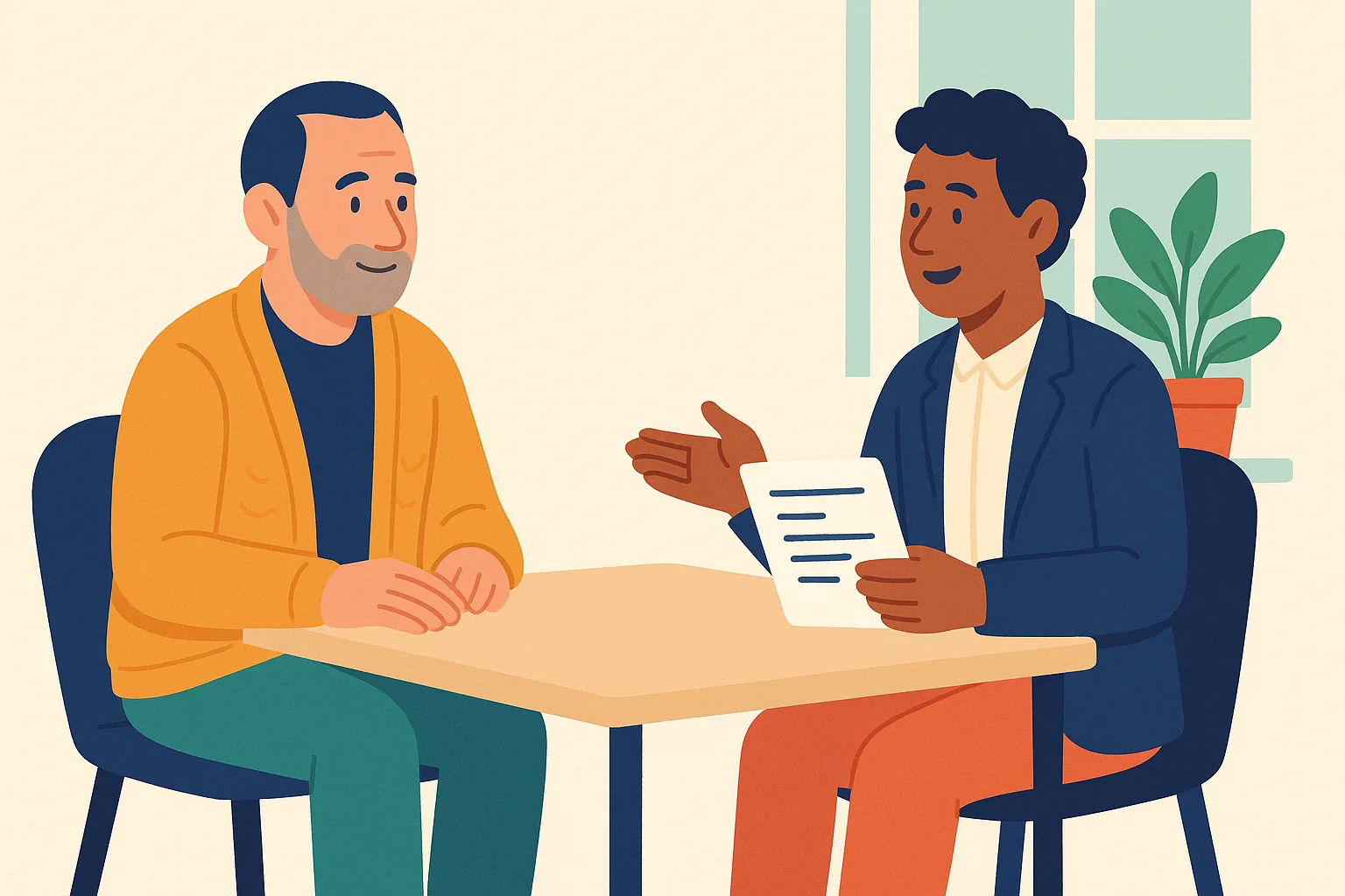 Flat vector illustration of a calm middle-aged man in an amber cardigan in an honest conversation with an interviewer holding his printed application across a small table