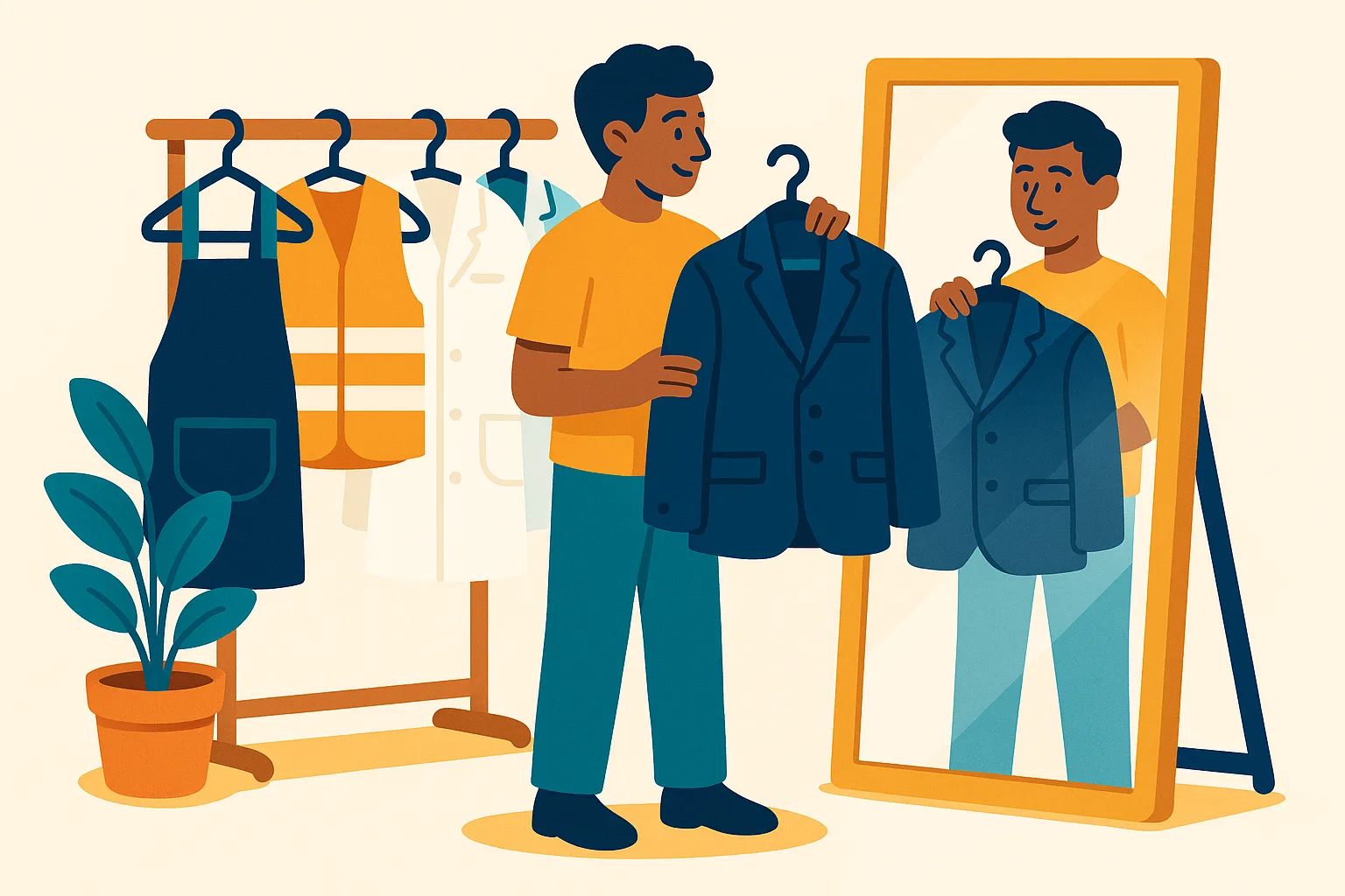 Flat vector illustration of a young man holding a navy blazer on a hanger before a tall gold-framed mirror, with an apron, hi-vis vest, and lab coat hanging on a clothing rack beside a potted plant