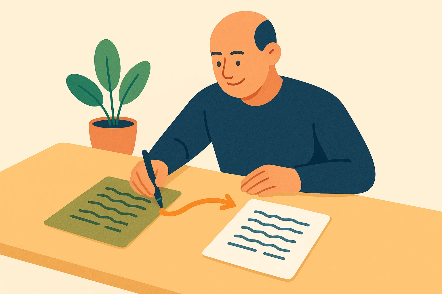 Flat vector illustration of a veteran drawing an amber arrow across his desk from an olive-toned service document to a crisp white resume page