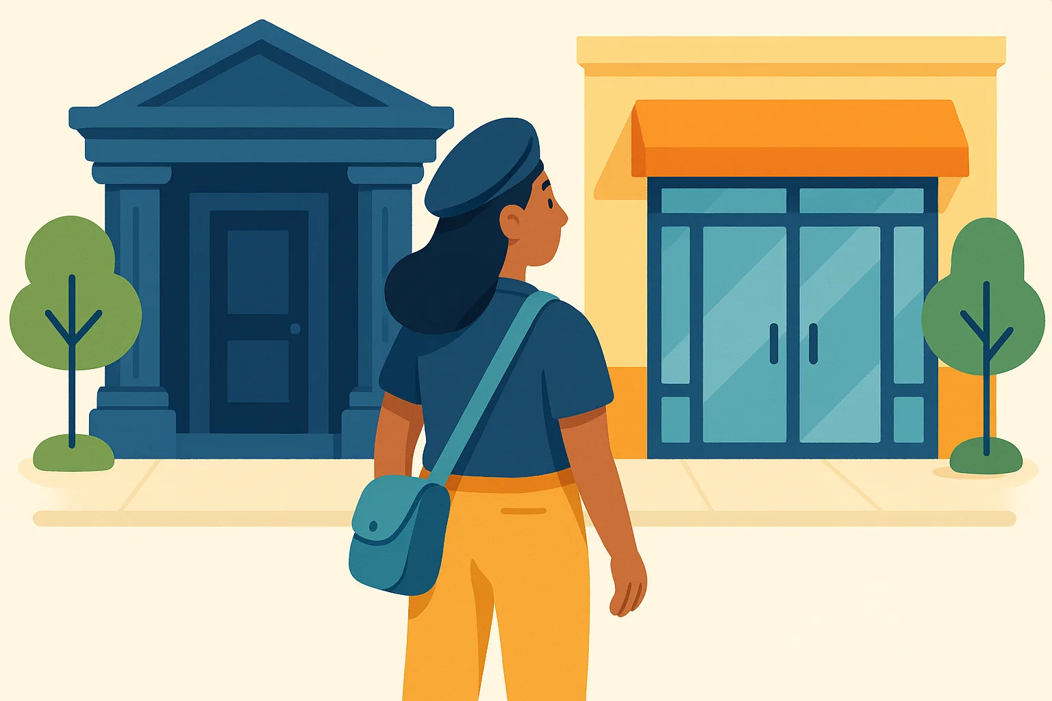 Flat vector illustration of a woman with a teal messenger bag on a bright sidewalk looking between a navy columned government entrance and a glass office entrance with an orange awning