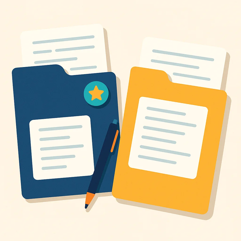 Flat vector illustration of a navy folder with a star badge and an amber folder side by side, each holding printed pages, with a pen resting between them
