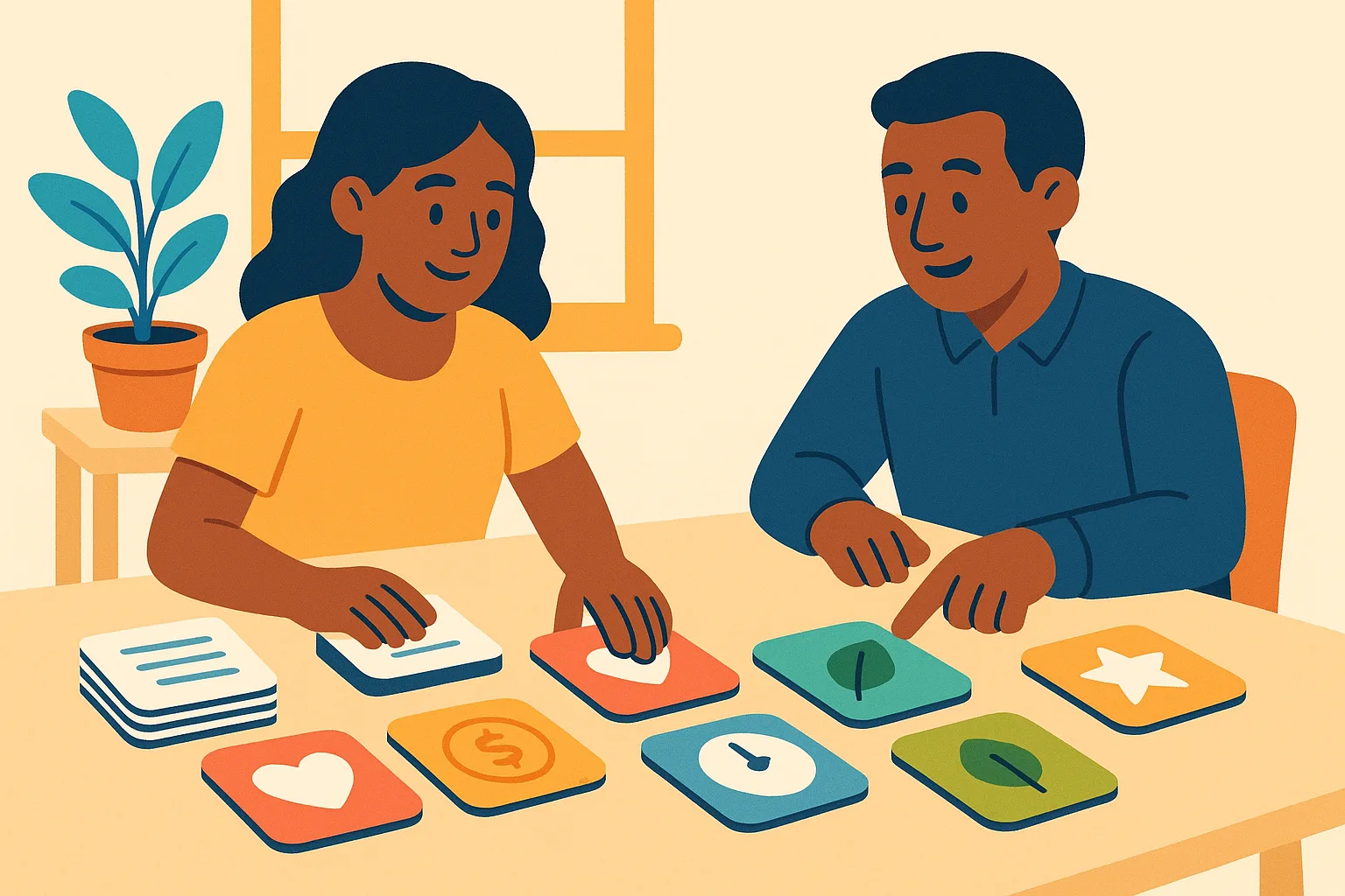 Flat vector illustration of a woman and a mentor sorting icon cards — a heart, a coin, a clock, a leaf, and a star — into rows on a bright table