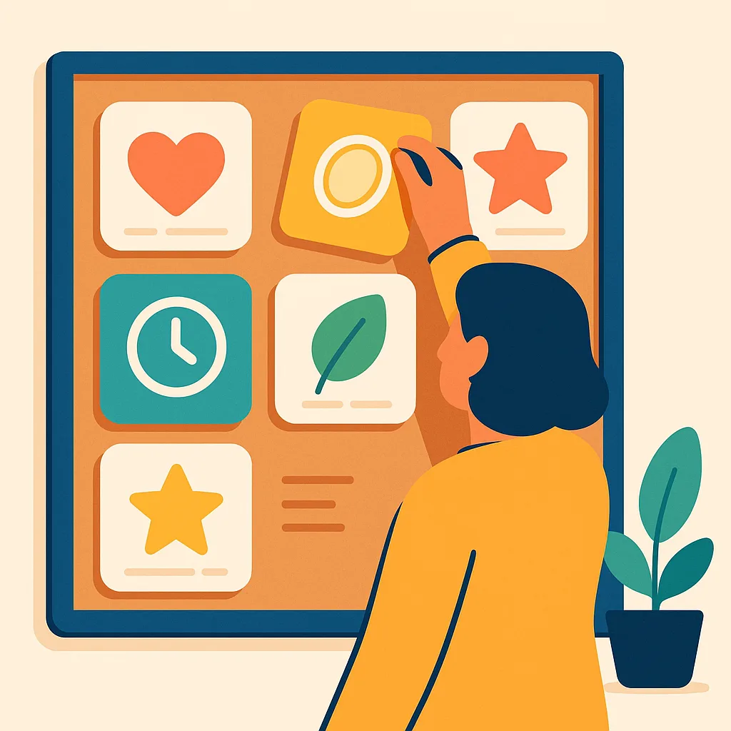 Flat vector illustration of a person seen from behind pinning an amber coin card onto a corkboard already holding heart, star, clock, and leaf icon cards, with a potted plant nearby