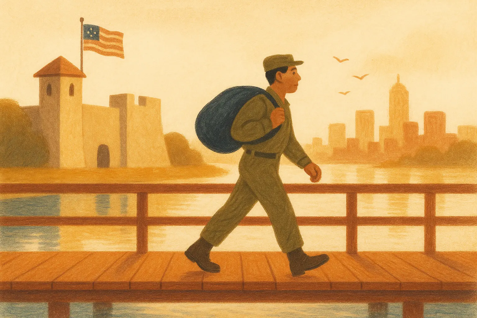 Painterly illustration of a service member carrying a duffel bag across a wooden footbridge, leaving a flag-topped garrison behind and walking toward a sunlit city skyline