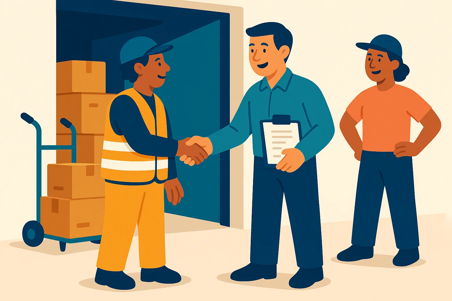 Flat vector illustration of a new worker in an amber hi-vis vest shaking hands with a friendly supervisor holding a clipboard at a bright warehouse entrance, a coworker standing nearby beside stacked boxes and a hand truck