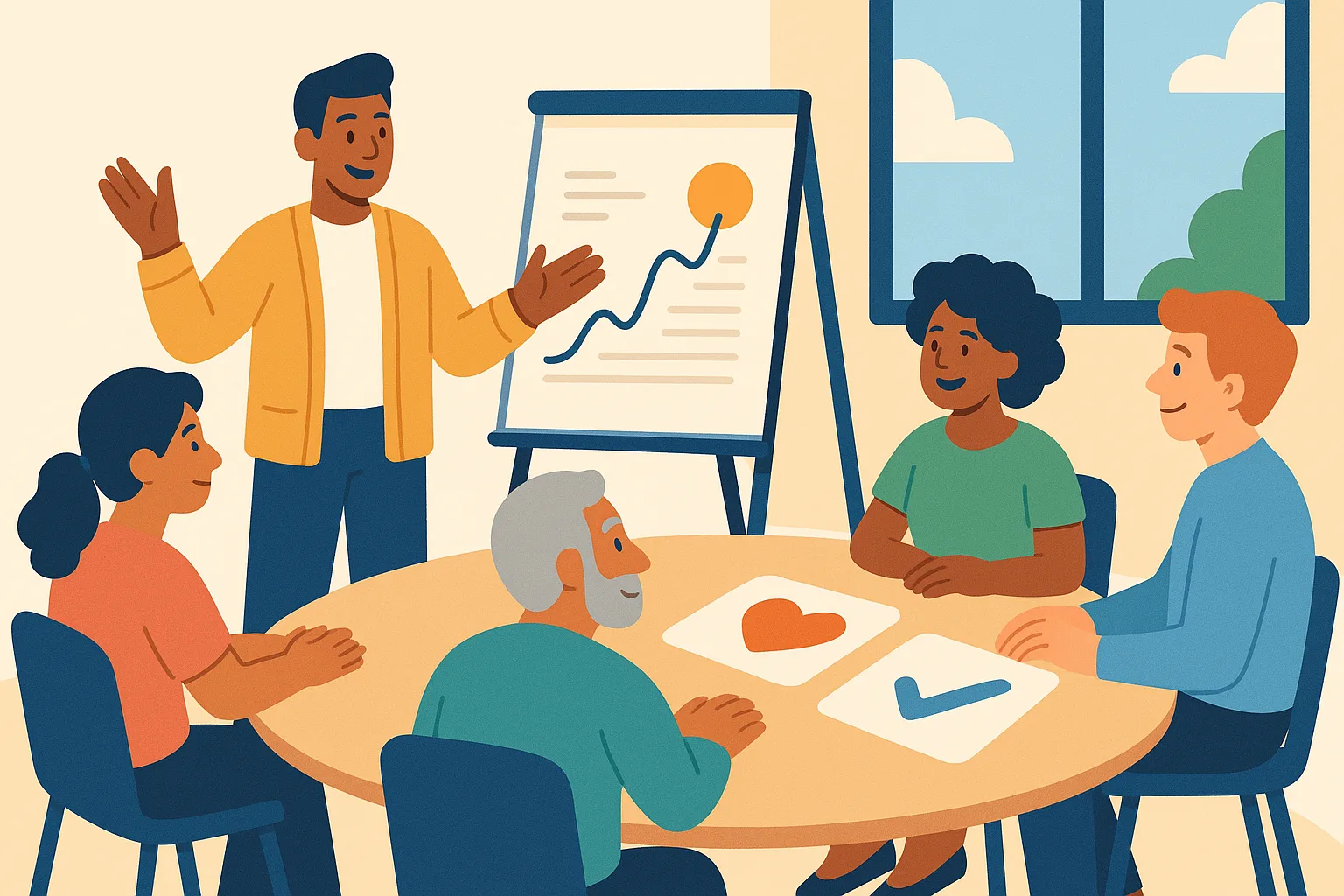 Flat vector illustration of a facilitator in a golden cardigan presenting a rising-line flip-chart diagram with an amber circle to four diverse participants seated around a community-room table with icon cards laid flat between them